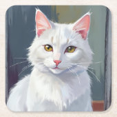 水彩の猫ペット絵画 白猫 スクエアペーパーコースター (正面)