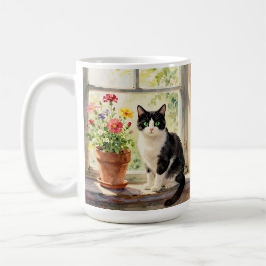 水彩の猫、花と詩 コーヒーマグカップ (左)