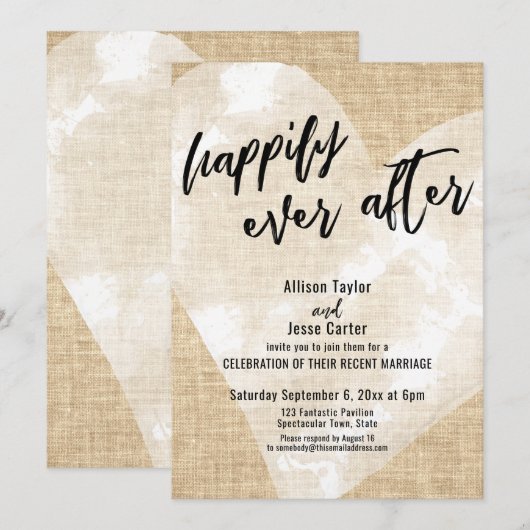 水彩の白いハートが幸せに永遠に続く麻の布 招待状 (正面/裏面)