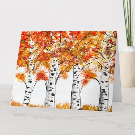 水彩の白樺の木 秋のオレンジ色の葉 カード (正面)