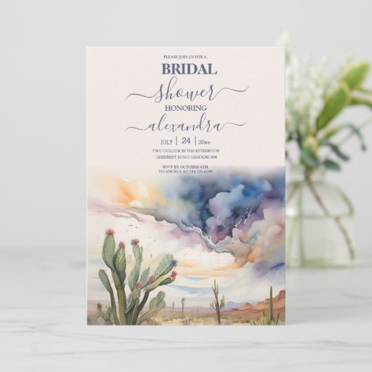 水彩の砂漠とサボテンのブライダルシャワー 招待状 (スタンド正面)