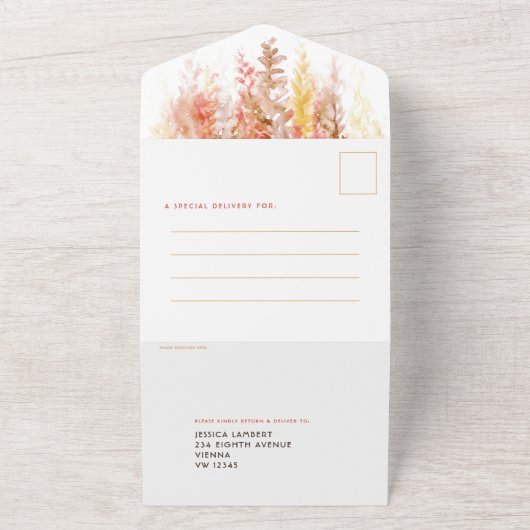 水彩の秋に恋をした 茶色 赤 黄色 ご飯 RSVP オールインワン招待状 (外側)