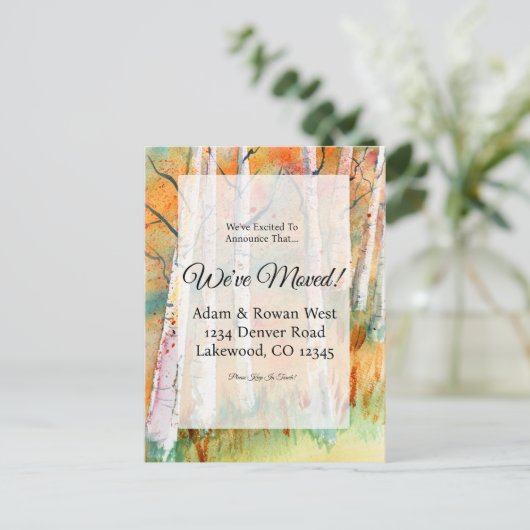 水彩の秋のアスペン ツリー 新しい住所 案内ポストカード (スタンド正面)