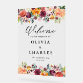 水彩の秋の花々が散るウェディング ウェルカム アクリルサイン (傾斜)