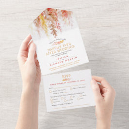 水彩の秋の茶色の珊瑚の結婚式のアフターパーティー オールインワン招待状