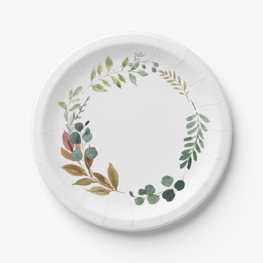 水彩の秋の落ち葉と緑のモダンなリース ペーパープレート (正面)