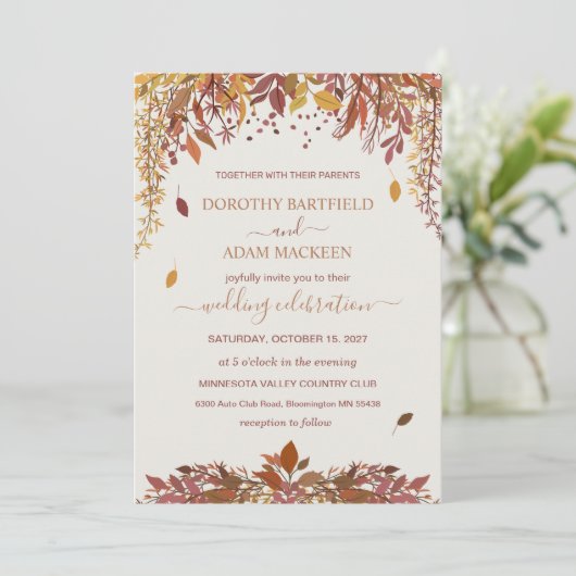水彩の秋の落ち葉 ウェディング 招待状 (スタンド正面)