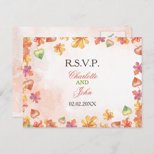 水彩の秋の落ち葉 秋の結婚式の出欠確認 インビテーションポストカード (正面/裏面)