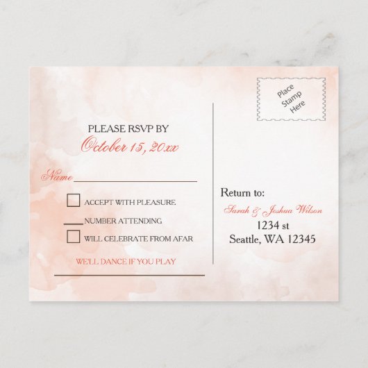 水彩の秋の落ち葉 秋の結婚式の出欠確認 インビテーションポストカード (裏面)