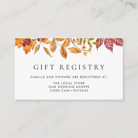 水彩の秋の葉のガーランド 結婚式のレジストリー エンクロージャーカード (正面)