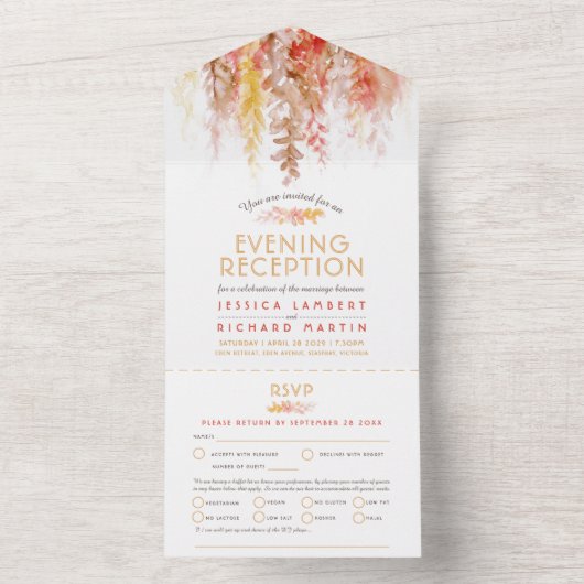 水彩の秋 ブラウン イブニング レセプション ウェディング オールインワン招待状 (内側)