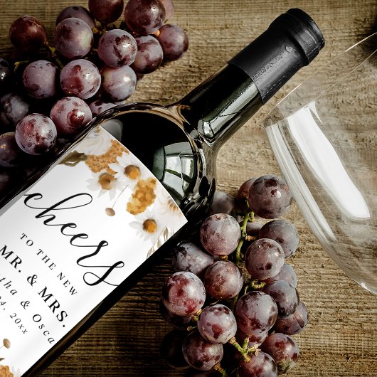 水彩の秋　黄色と白の花のフレーム ワインラベル