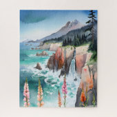 水彩の穏やかな海岸風景野花 ジグソーパズル (縦)