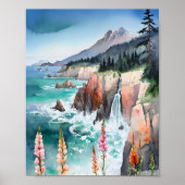 水彩の穏やかな海岸風景野花 ポスター (正面)