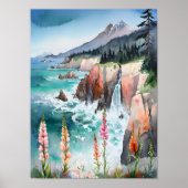 水彩の穏やかな海岸風景野花 ポスター (正面)