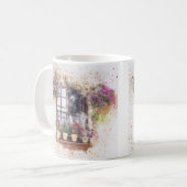 水彩の窓辺の庭 色とりどりの花 コーヒーマグカップ (正面左)