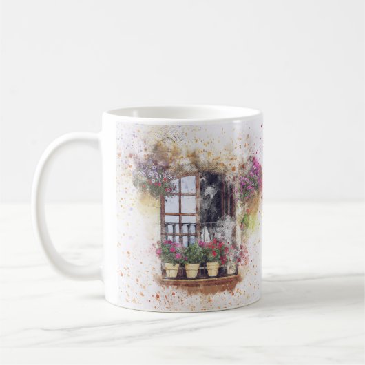 水彩の窓辺の庭 色とりどりの花 コーヒーマグカップ (左)