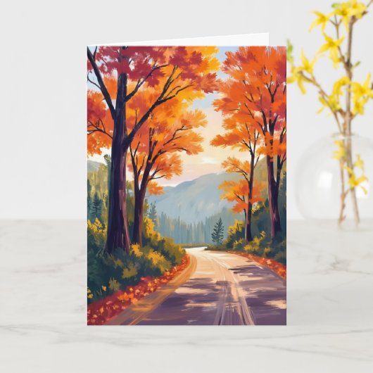 水彩の紅葉の葉のカード | 秋の道 カード (黄色い花)