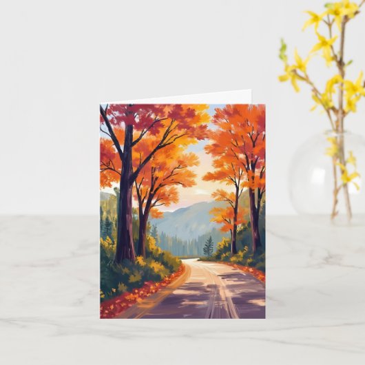 水彩の紅葉の葉のカード | 秋の道 カード (黄色い花)