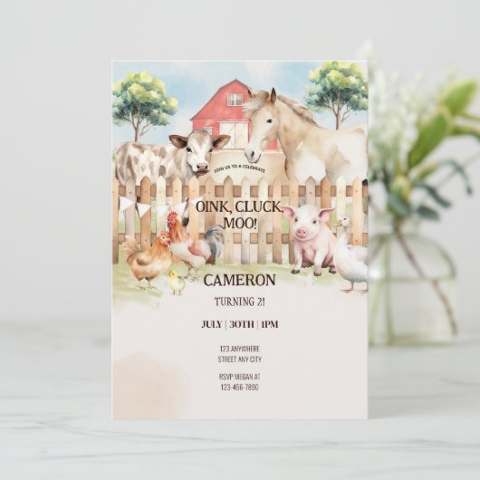 水彩の納屋の農場の動物デジタルデータ 招待状 (スタンド正面)