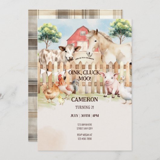 水彩の納屋の農場の動物デジタルデータ 招待状 (正面/裏面)