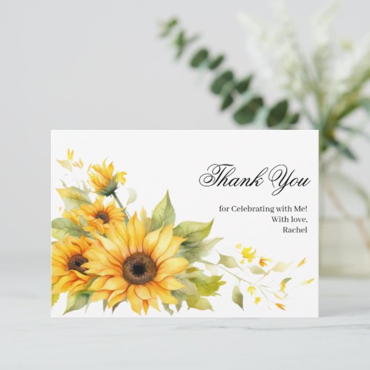 水彩の素朴なひまわり ブライダルシャワー サンキューカード (スタンド正面)