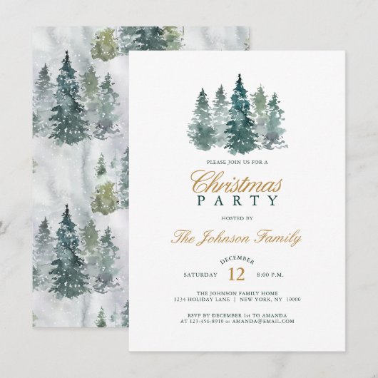 水彩の素朴なスプリuceと松の木のクリスマス パーティー 招待状 (正面/裏面)