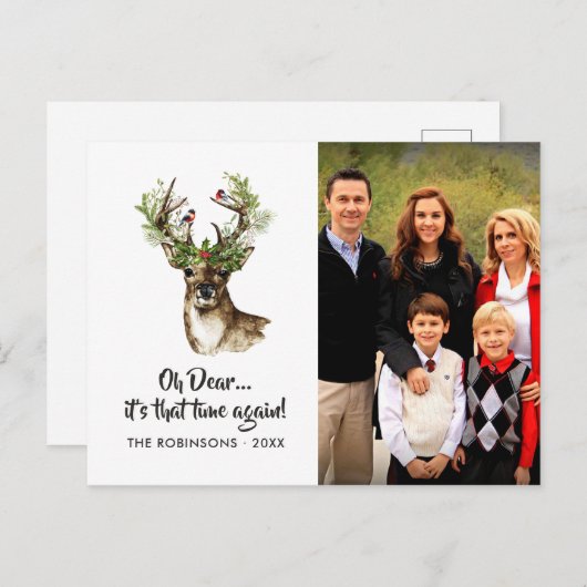 水彩の素朴なトナカイのクリスマスファミリーフォト シーズンポストカード (正面/裏面)
