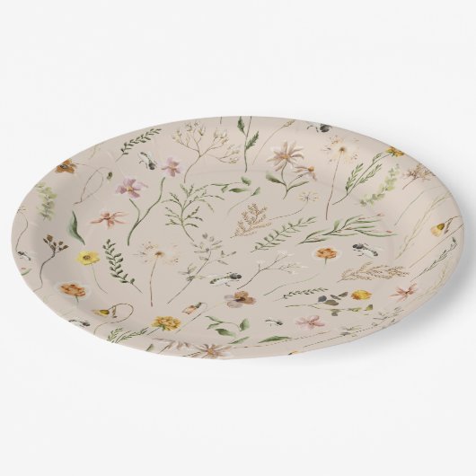 水彩の素朴な花と蜂のモダンなデザイン ペーパープレート (アングル)