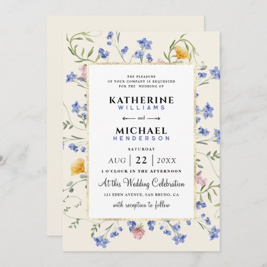 水彩の素朴な野生の花の草原 ホイル 結婚式 招待状 (正面/裏面)