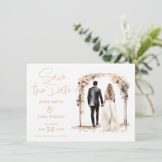 水彩の結婚カップルRSVPカード日付を保存 セーブザデート (スタンド正面)