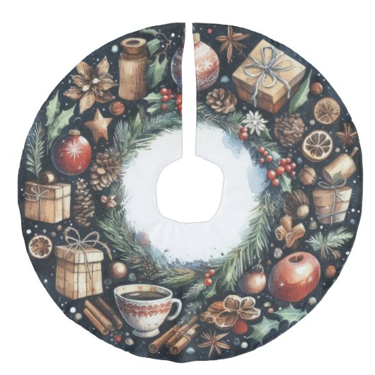 水彩の絵画クリスマスモチーフ青 フェイクリネンツリースカート (正面)