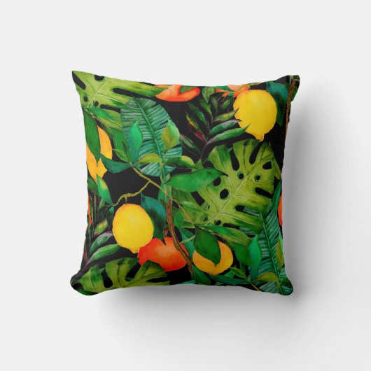 水彩の継ぎ目のない模様(熱帯葉a) クッション (正面)