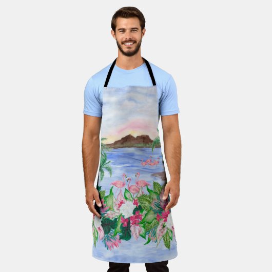 水彩の継ぎ目絵画のない模様とハワイ人 エプロン (着用した状態)