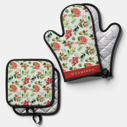 水彩の緑とウィンターベリーのクリスマス 鍋つかみ&鍋敷きセット (正面/裏面)