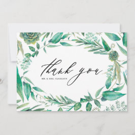水彩の緑と多肉質のフレーム結婚ズ サンキューカード
