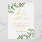 水彩の緑と白いフローラ赤ちゃんシャワー 箔招待状 (正面)