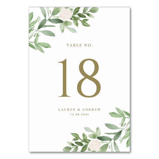 水彩の緑と白いフローラ金ゴールド テーブルナンバー (裏面)