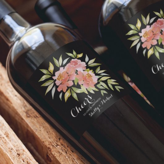 水彩の緑と花の応援結婚 ワインラベル