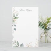 水彩の緑と金ゴールドの葉 便箋 (スタンド正面)