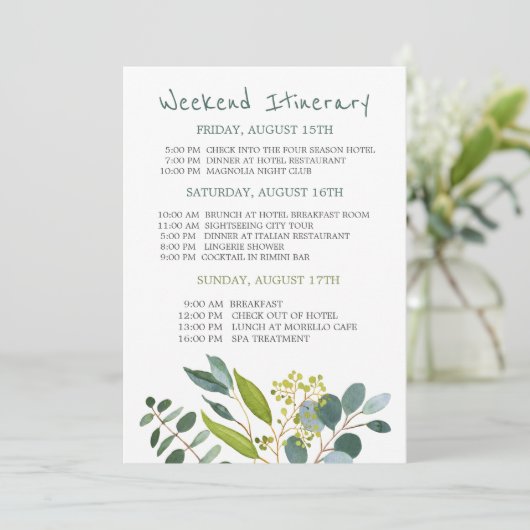 水彩の緑のバチェロレッテ週末の日程 招待状 (スタンド正面)