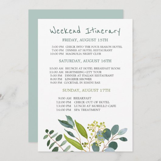 水彩の緑のバチェロレッテ週末の日程 招待状 (正面/裏面)