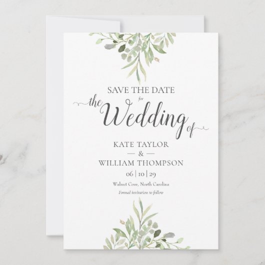 水彩の緑のフォトスクリプト結婚の セーブザデート (正面)