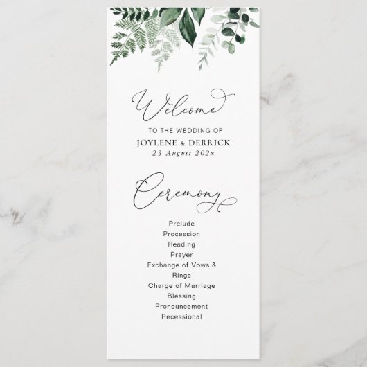 水彩の緑のフローラ結婚式 プログラム (正面)