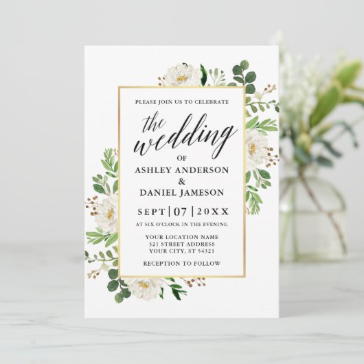 水彩の緑のフローラ結婚書 招待状 (スタンド正面)