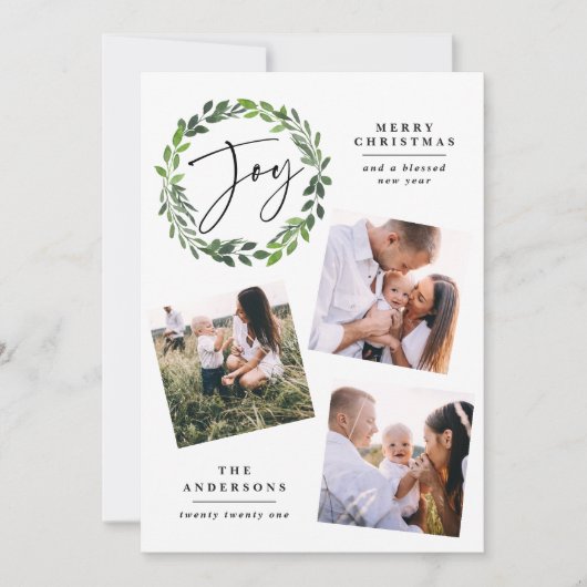 水彩の緑のリース数々の写真のスクリプトjoy シーズンカード (正面)