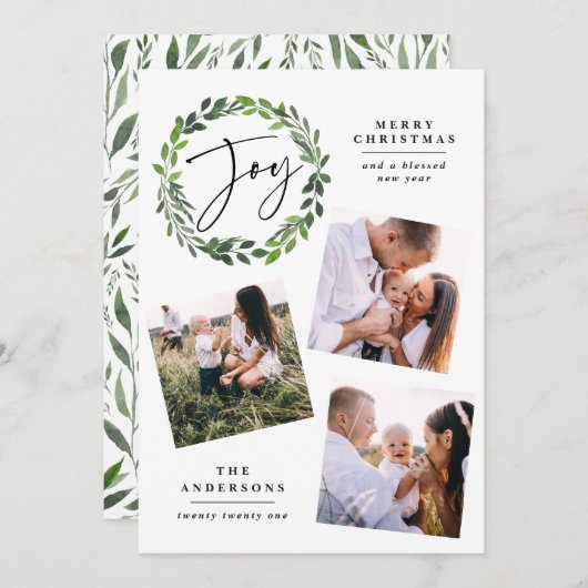 水彩の緑のリース数々の写真のスクリプトjoy シーズンカード (正面/裏面)