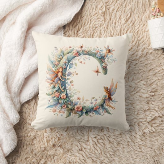 水彩の緑の妖精モノグラム文字C クッション (ブランケット)