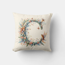 水彩の緑の妖精モノグラム文字C クッション