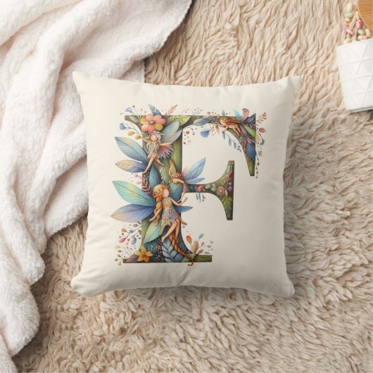 水彩の緑の妖精モノグラム文字F クッション (ブランケット)